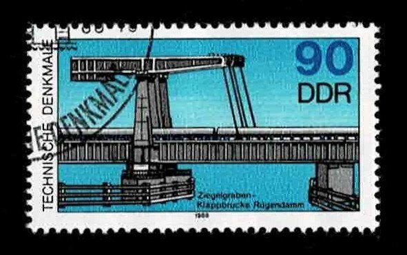 postzegel 2813 DDR Ziegelgraben-vouwbrug, Rügendam, Ophalen of Verzenden, DDR, Gestempeld