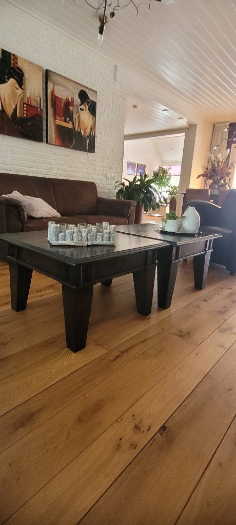 2 teakhouten salontafeltjes, Ophalen, Gebruikt, 50 tot 100 cm, Vierkant