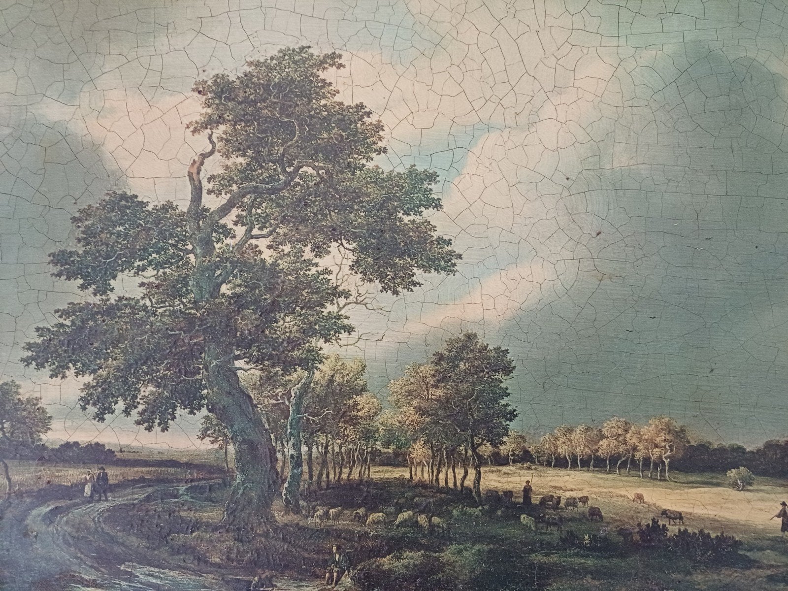 Klassiek Landschap Schapen en Herders - Olieverf op Panee, Paneel, Ophalen of Verzenden, Landschap, Olieverf