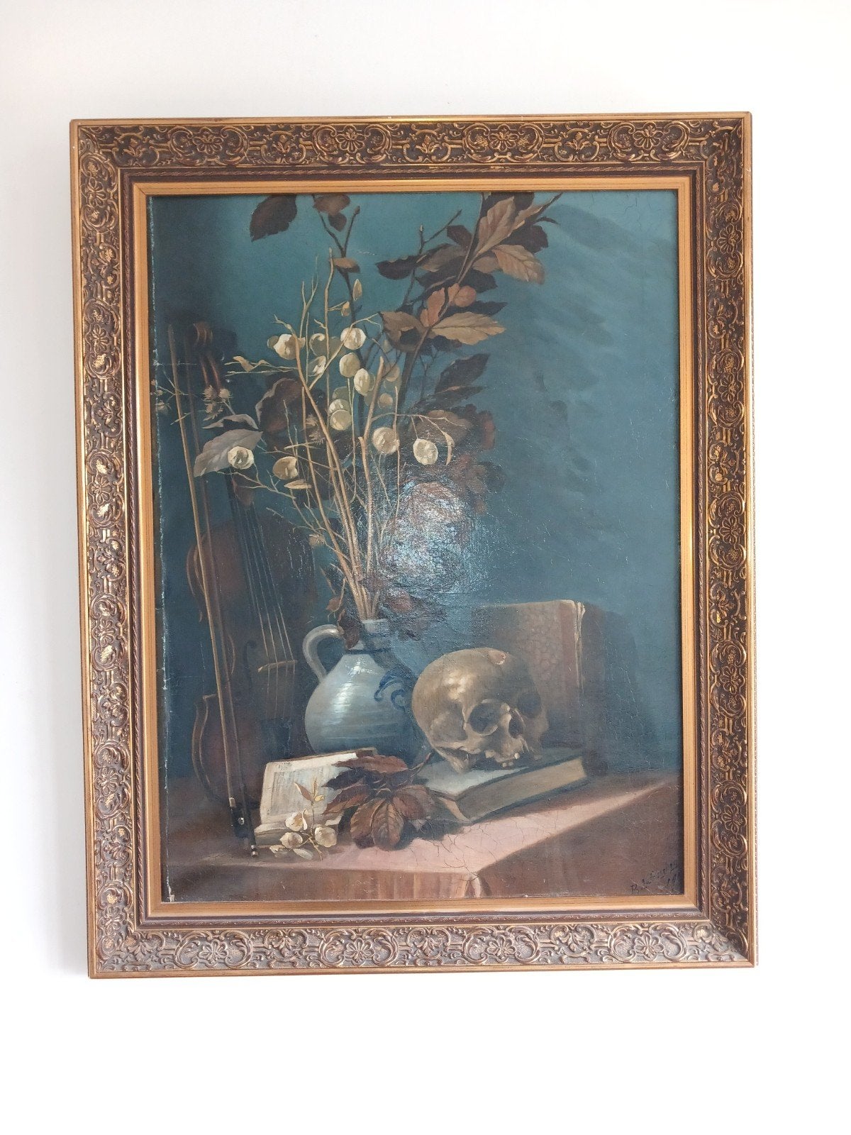 Oud Hollands stilleven met schedel en viool, Ophalen, Doek, Oud hollands, Stilleven