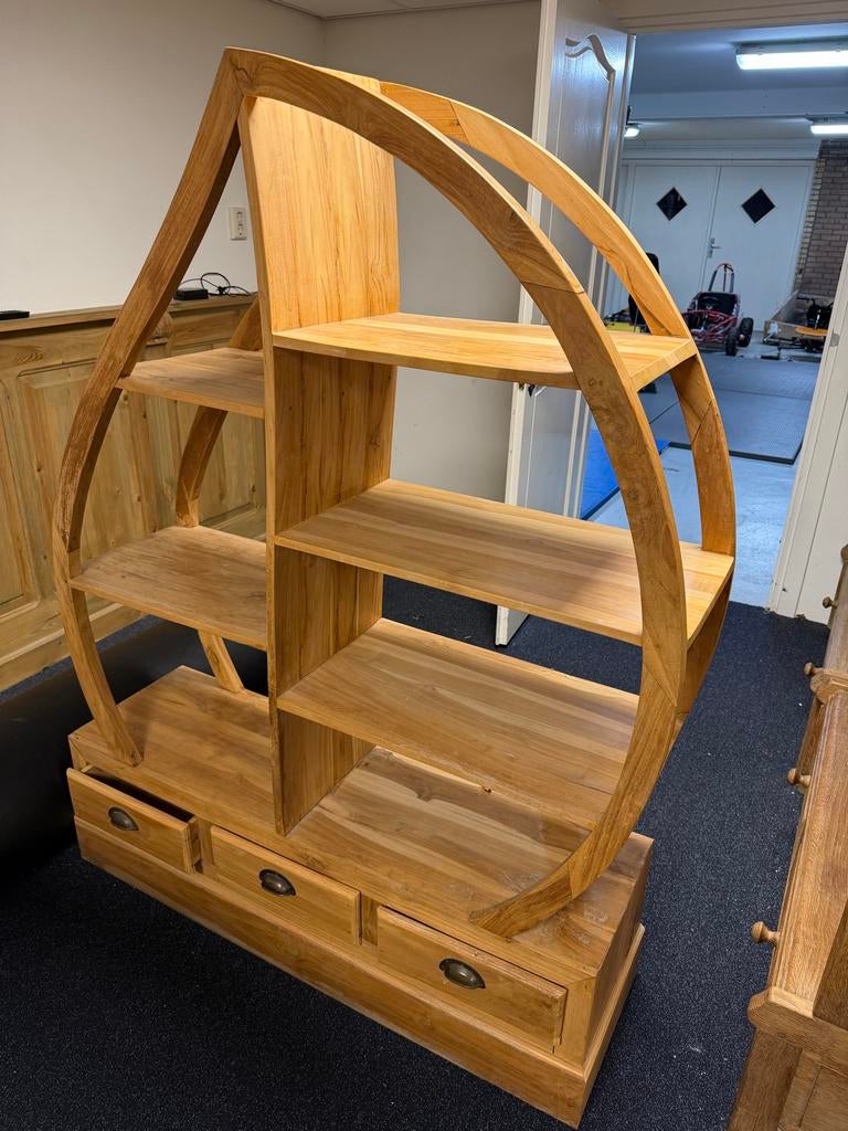 Unieke Teak Kast met Drie Lades en Open Schappen, Ophalen, Gebruikt