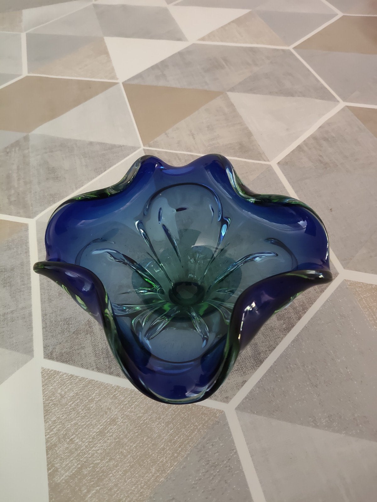 Vintage Murano glazen schaal, blauw/groen, bloemvorm, Antiek en Kunst, Antiek | Glas en Kristal, Ophalen