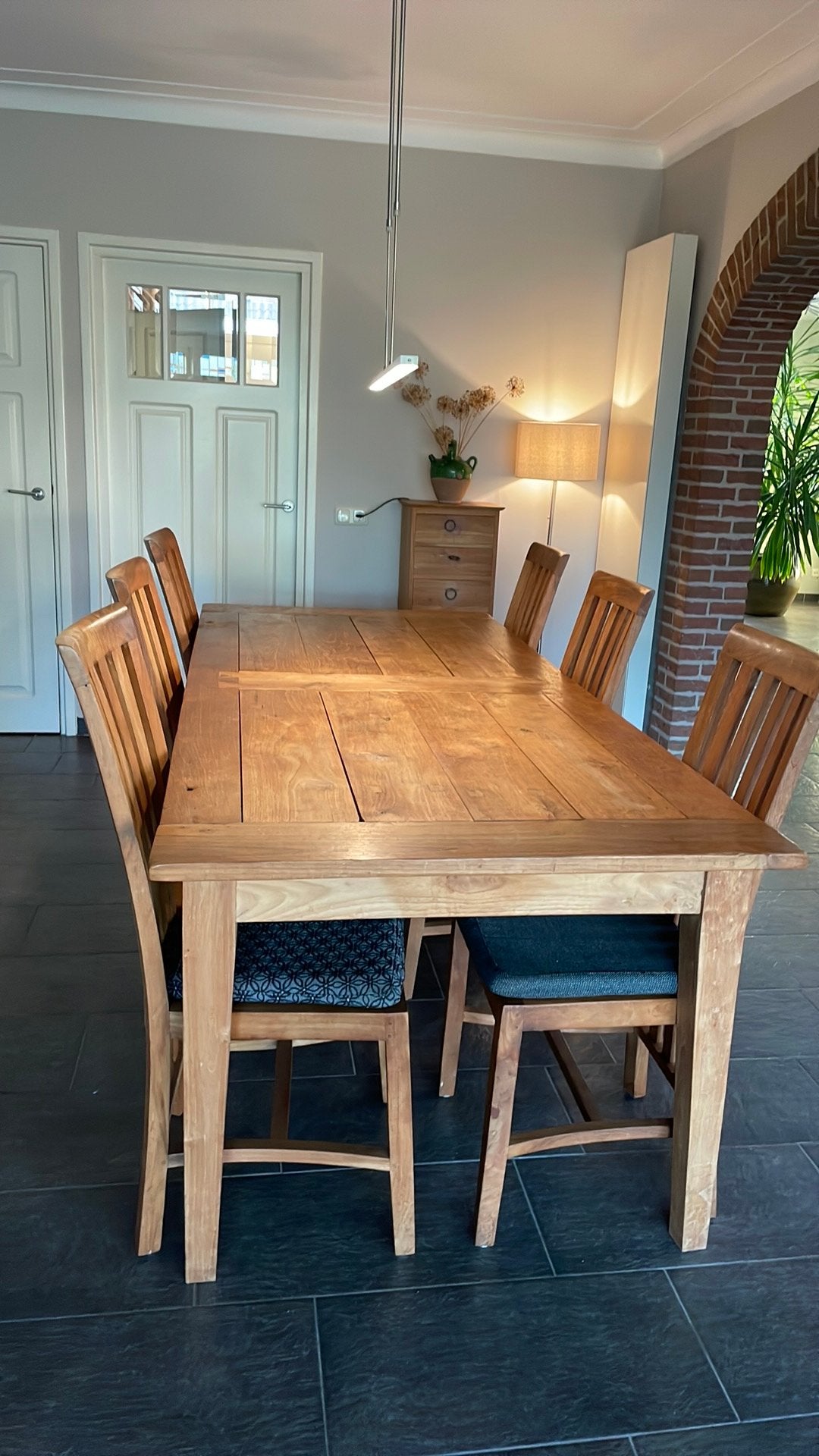 teak houten eettafel (2.25 meter lang) 2 lades, 6 stoelen, Huis en Inrichting, Tafels | Eettafels, Ophalen, Gebruikt, 200 cm of meer