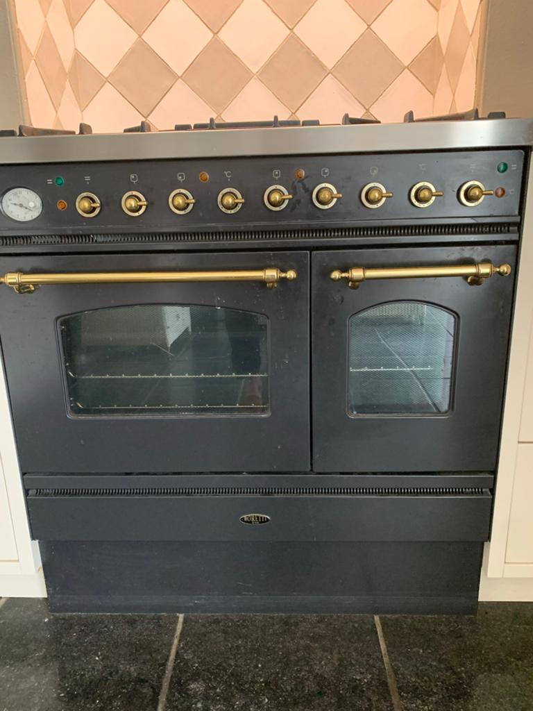 Boretti gasfornuis met dubbele oven - Zwart/Goud, Ophalen, Gebruikt, Hete lucht, 60 cm of meer