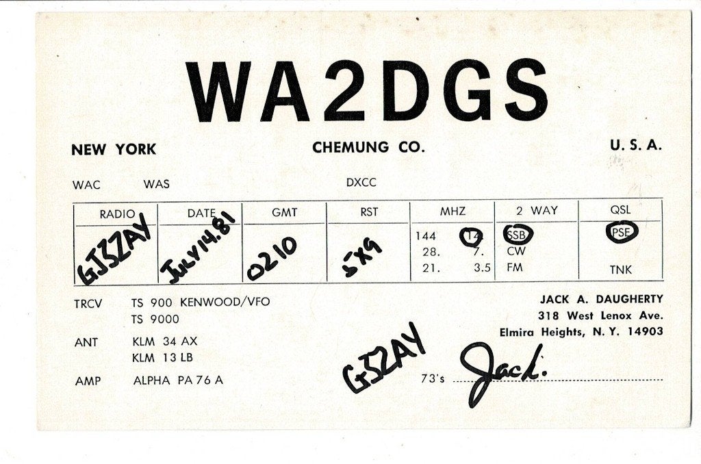 QSL Kaart WA2DGS - Jack A. Daugherty - New York 1981, Verzenden, 1980 tot heden, Gelopen, Overige thema's