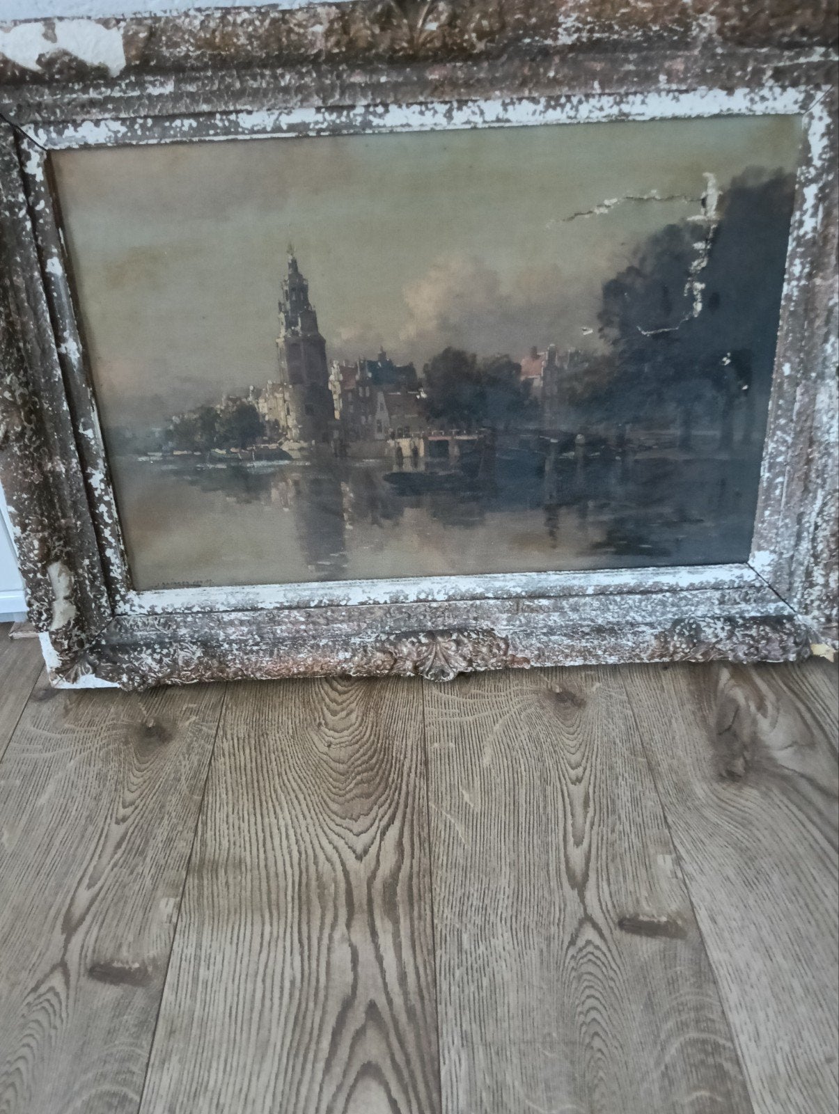 Stadsgezicht van Jan Knikker Jr. (beschadigd), Antiek en Kunst, Ophalen, Doek, Realistisch, Olieverf