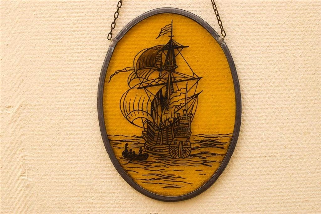 Glas in lood raam met een zeilschip op zee 49266, Ophalen of Verzenden, Gebruikt