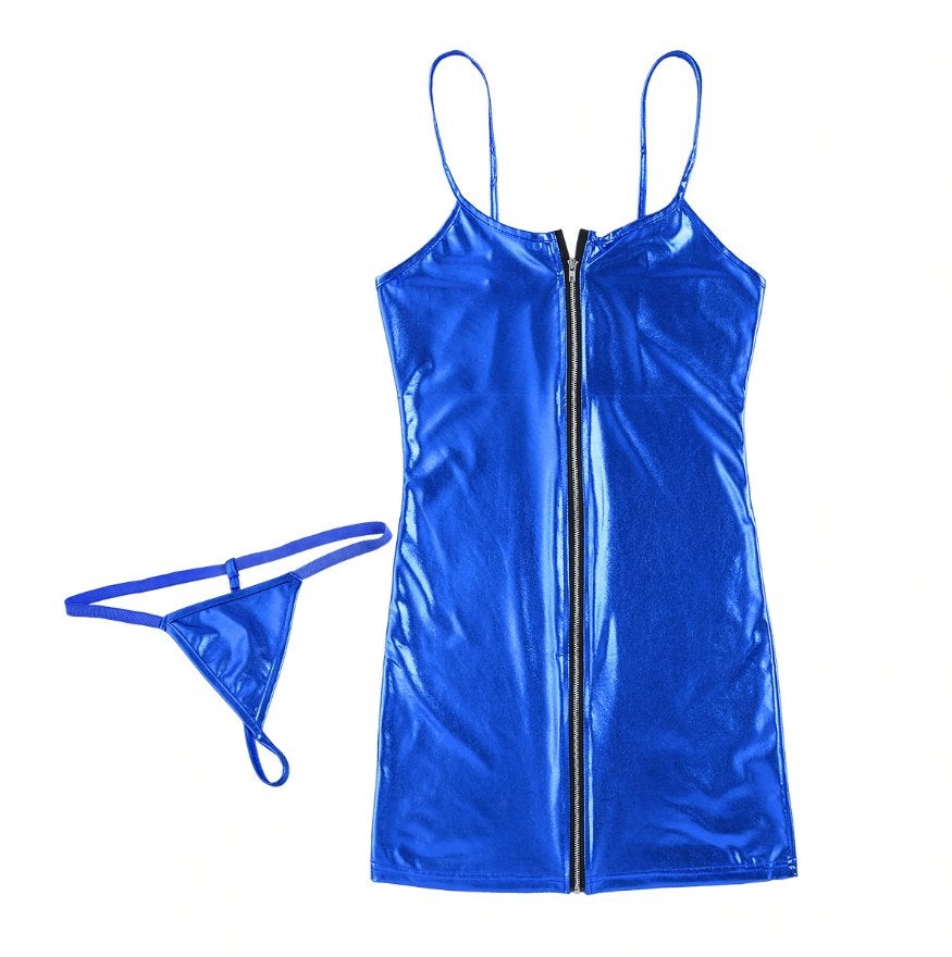 Blauwe wetlook dames jurk leren metallic mini jurkje strakke, Maat 38/40 (M), Nieuw, Boven de knie, Verzenden