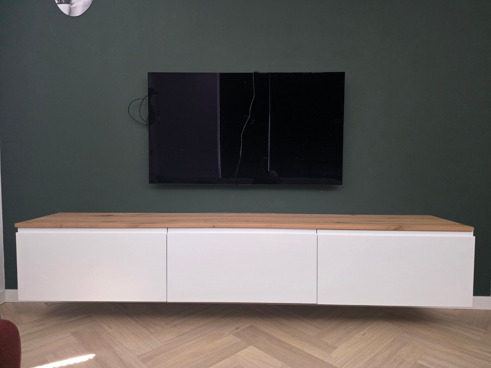 TV meubel 240cm breed met eiken blad en lades, Ophalen, Zo goed als nieuw, 200 cm of meer, Overige materialen