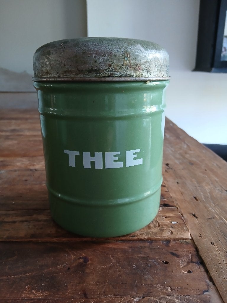 Groen emaille thee bus, Groen, Ophalen of Verzenden, Metaal, Gebruikt