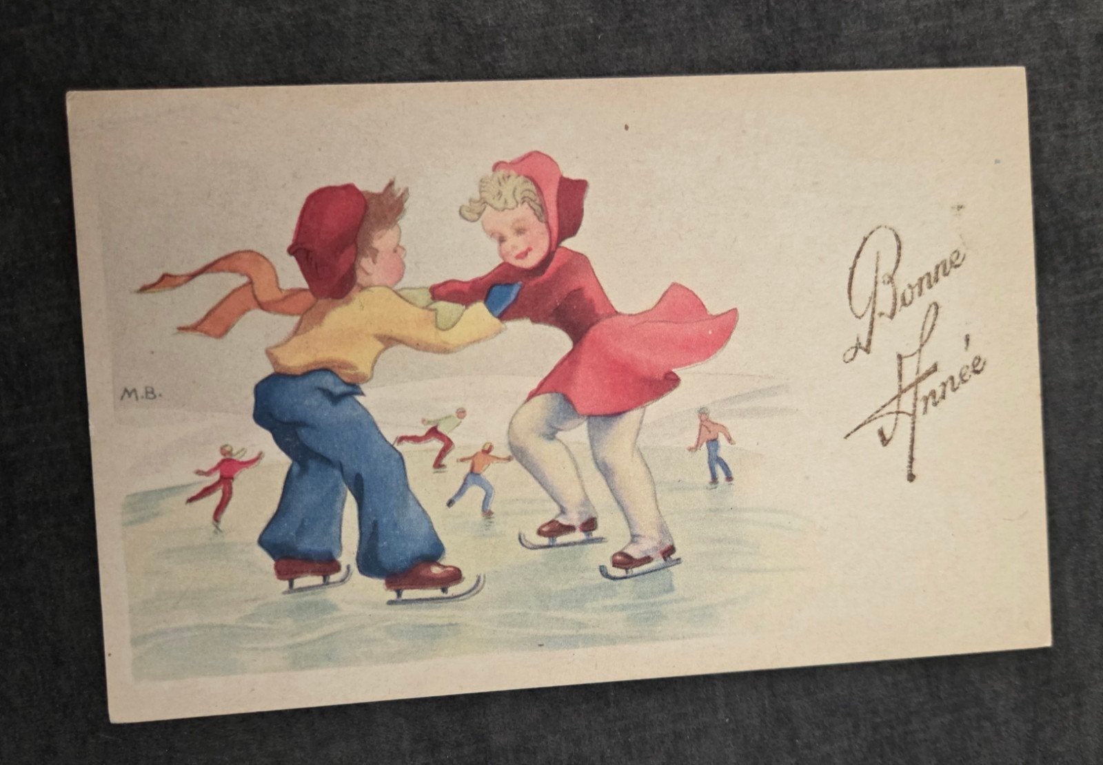 Vintage Ansichtkaart 'Bonne Année' - Schaatsende Kinderen, Verzenden, 1940 tot 1960, Ongelopen, Feest(dag)