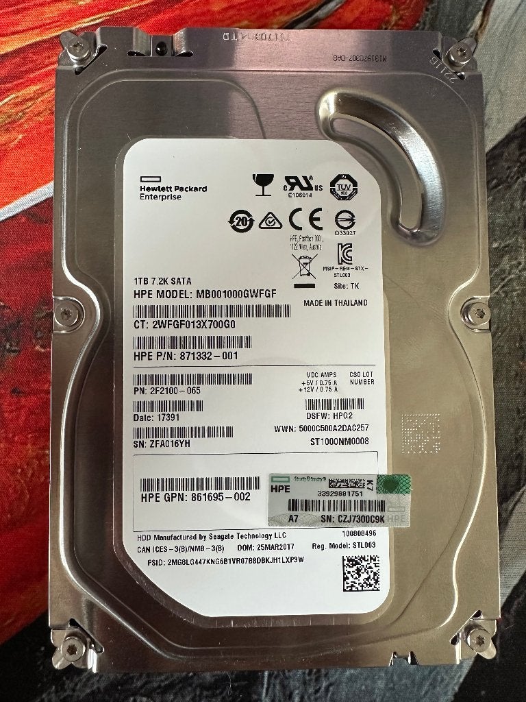 HPE 1TB 7.2K SATA HDD 3.5 inch - LEES: abnormaal geluid, Intern, Gebruikt, Ophalen of Verzenden, 1TB