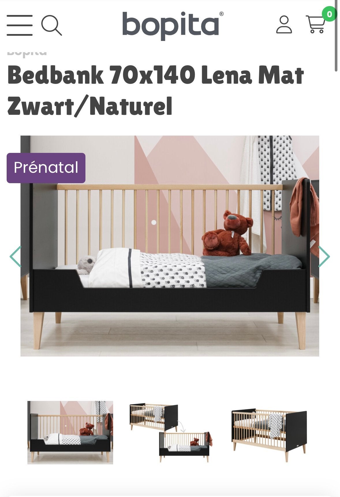 Bopita Lena meegroeibed en 2-deurskast Zwart/Naturel, Ophalen, Gebruikt, 70 tot 85 cm, 140 tot 160 cm