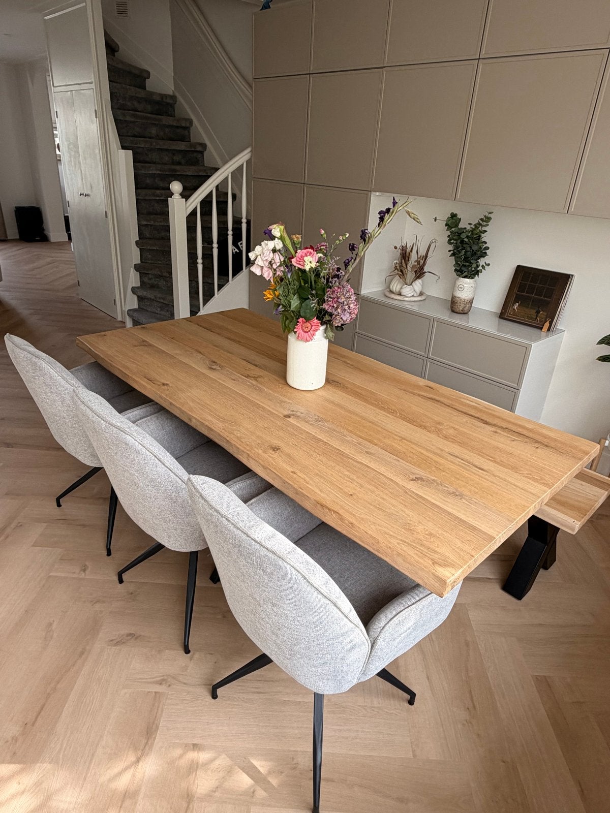 Complete eiken eethoek 190 cm –tafel, bank en 3 draaistoelen, Ophalen, Eikenhout, 50 tot 100 cm, Zo goed als nieuw