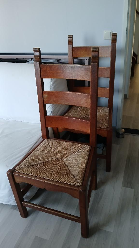 4 eiken stoelen en kruk, Huis en Inrichting, Stoelen, Ophalen, Gebruikt, Bruin, Klassiek