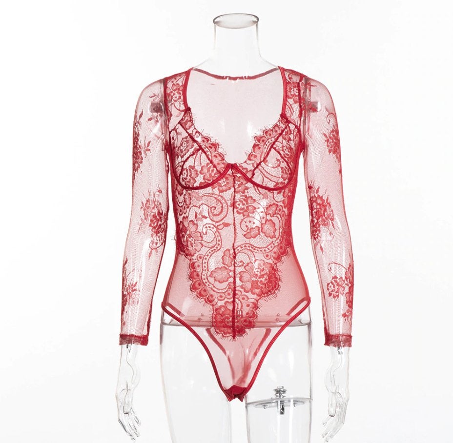 Rode doorzichtige bodysuit romper dames, Verzenden, Rood, Body of Korset