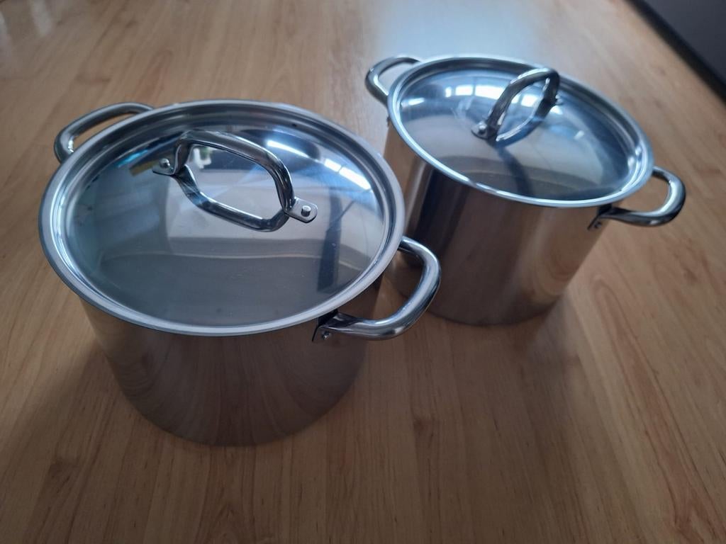 Set van 2 RVS Kookpannen met Deksel - 8 Liter Inhoud, Kookpan of Snelkookpan, Gebruikt, Ophalen of Verzenden, Rvs