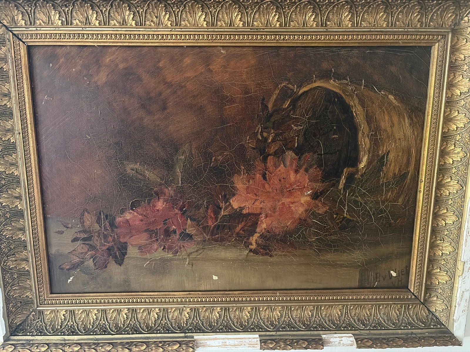 Antiek stilleven met herfstbladeren, olieverf op doek, Doek, Stilleven, Ophalen of Verzenden, Olieverf