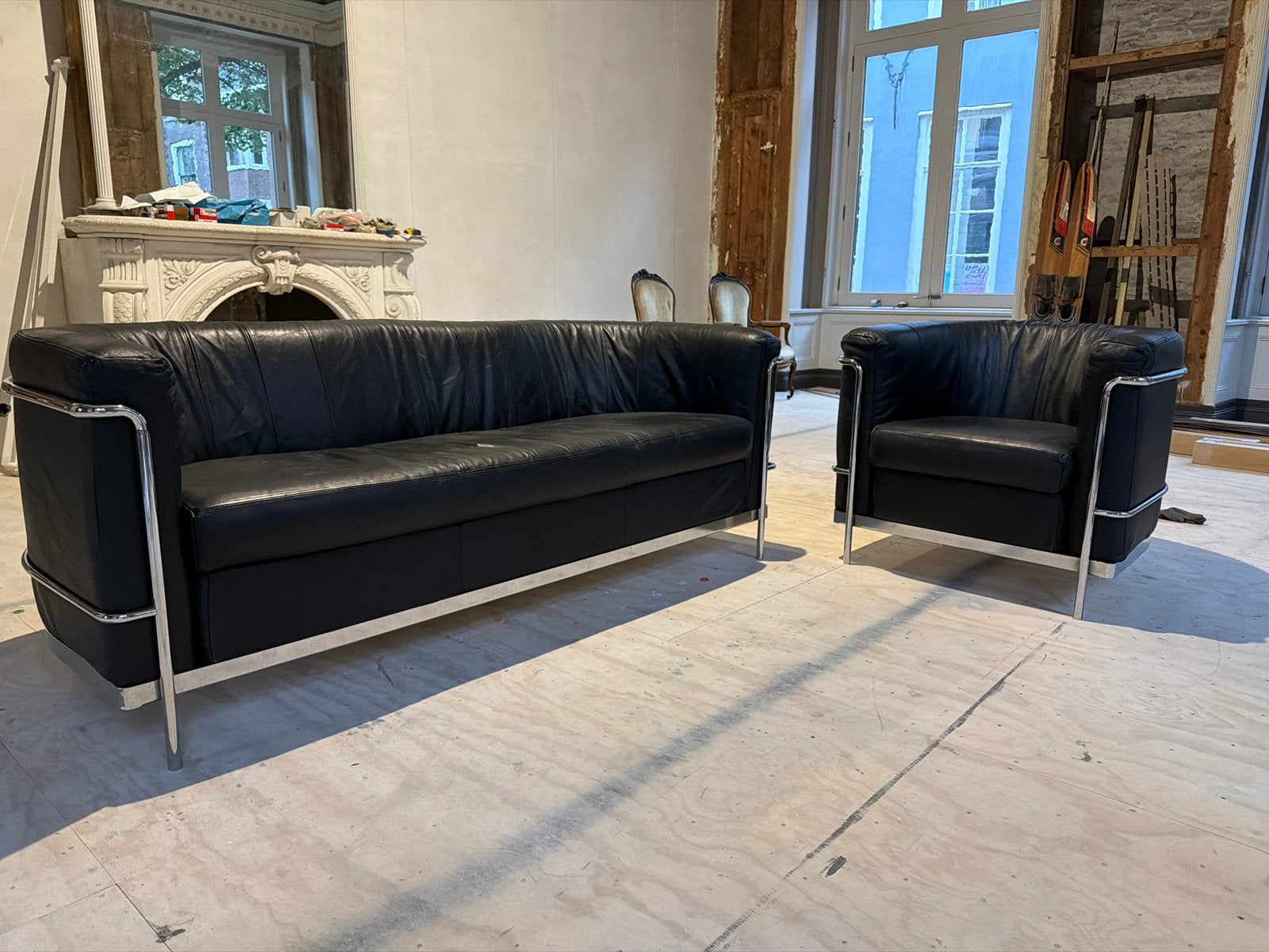 Unieke vintage Harvink designbank (3-zits) en fauteuil, Gebruikt, Driepersoons, Leer, Ophalen of Verzenden