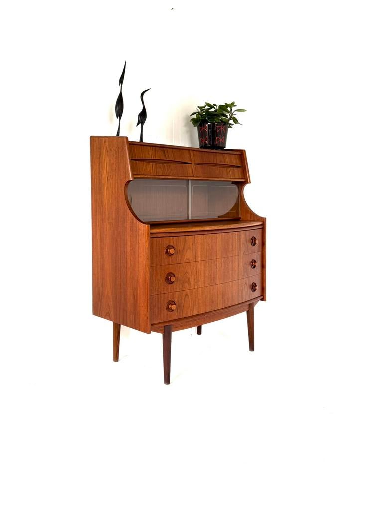 Vintage teakhouten secretaire, Gunnar Falsig ‘60, Huis en Inrichting, Ophalen of Verzenden, Zo goed als nieuw, Vintage retro buisframe design rotan webbing papercord deens