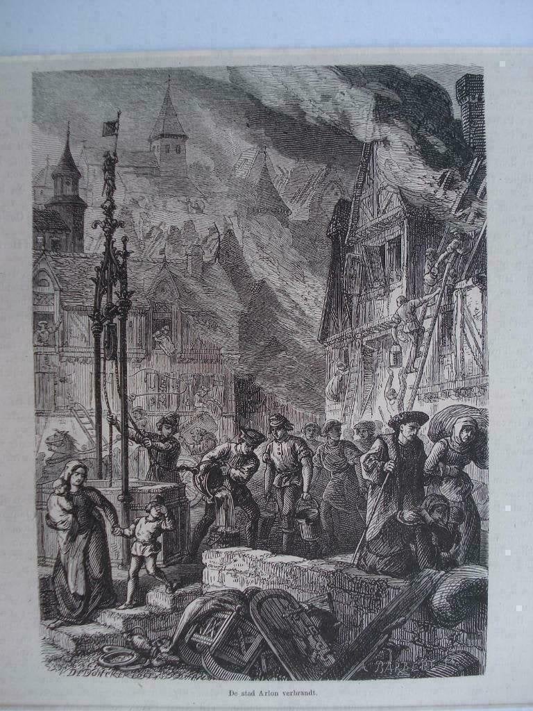 132 / Arlon  de Stad verbrand Houtgravure 1882, Antiek en Kunst, Ophalen of Verzenden