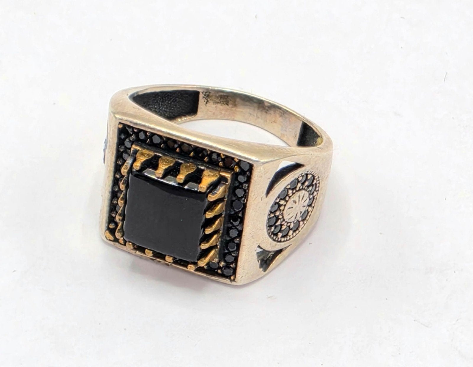 Zilveren Heren Ring met Onyx Steentjes, Verzenden, Heer, Zo goed als nieuw, .