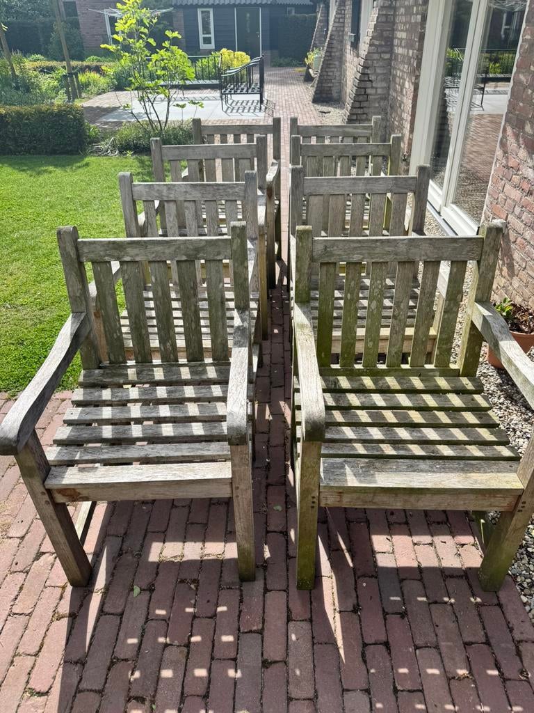 Teakhouten tuinset – 8 stoelen + uitschuifbare tafel, Ophalen, Gebruikt, Teakhout