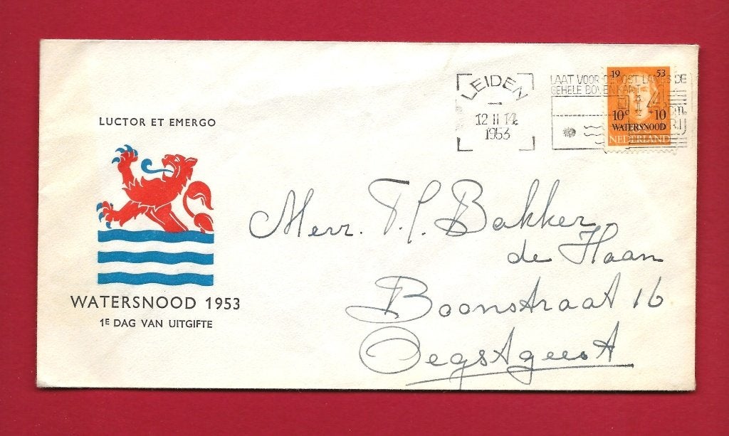 1953 Watersnood FDC E12 met gesloten klep e3, Verzenden, Beschreven, Nederland