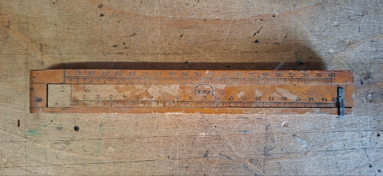 Vintage houten vismeetlat - VDE - 40 cm, Ophalen of Verzenden