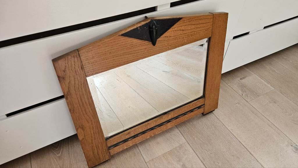 Antieke spiegel jaren '20 met eikenhouten lijst en facetglas, Antiek en Kunst, Ophalen of Verzenden, Rechthoekig, Minder dan 50 cm