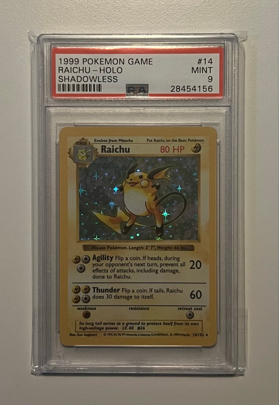 Raichu 14/102 - Shadowless - Base Set - PSA 9, Ophalen of Verzenden, Zo goed als nieuw, Losse kaart, Foil