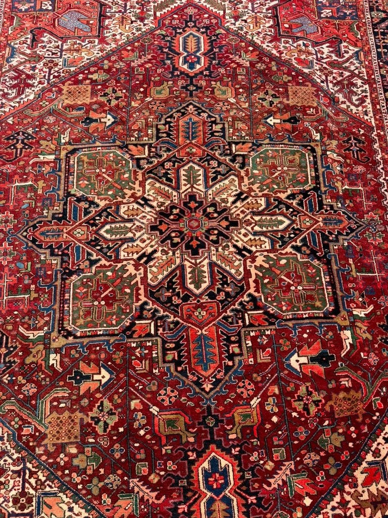 Heriz Perzisch Tapijt . 395x293cm . Handgeknoopt & Kleurrijk, Gebruikt, Crème, Wol, 200 cm of meer