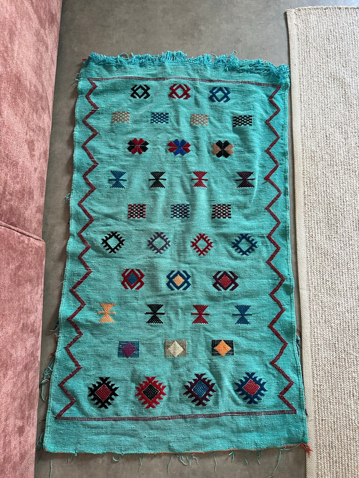 Marokkaans tapijt 140x90 cm - Turquoise met patronen, Huis en Inrichting, Stoffering | Tapijten en Kleden, Gebruikt, 100 tot 150 cm