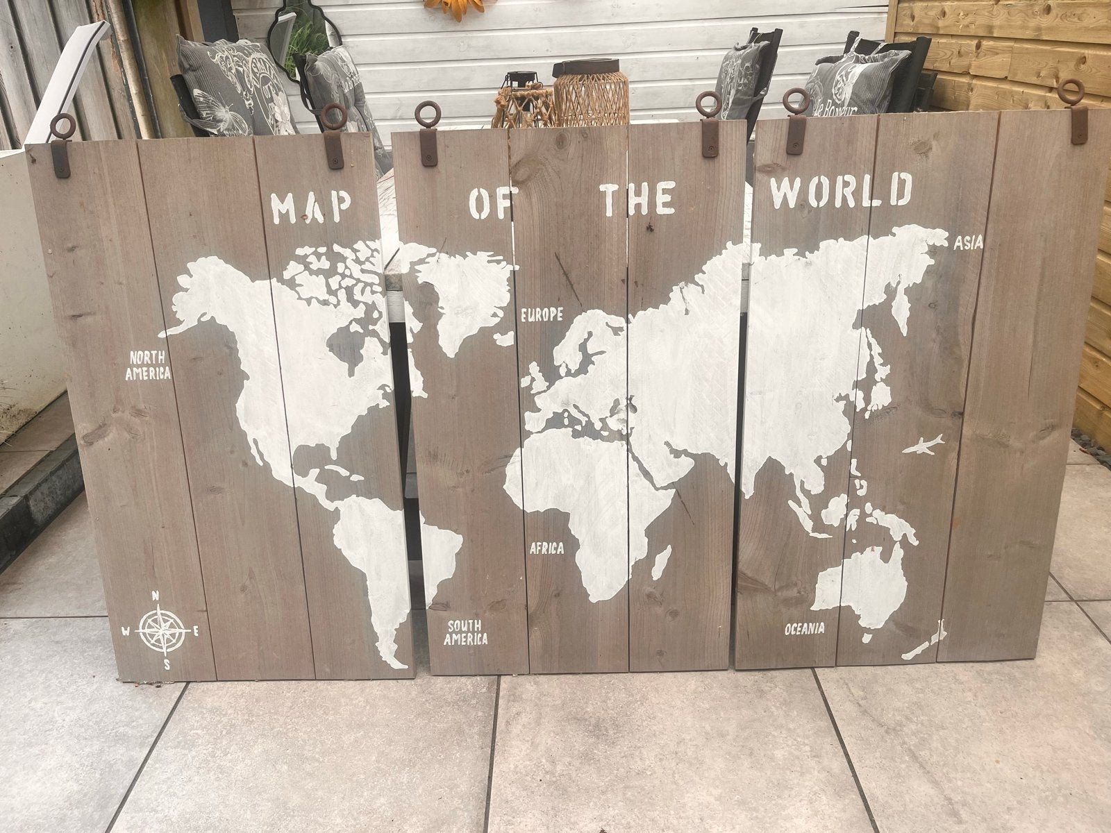 Wanddecoratie steigerhout wereldkaart met metalen haken, Ophalen, Gebruikt, Hout, Bruin