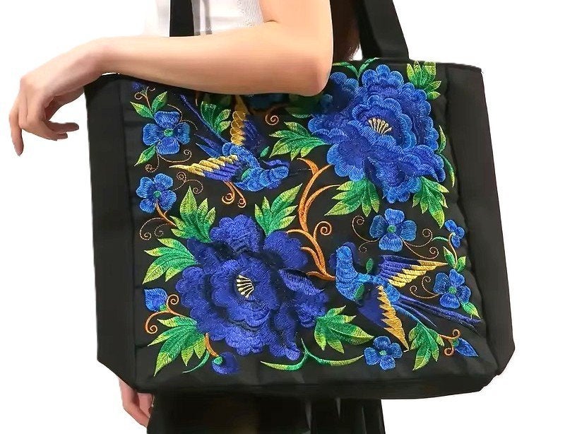 Grote linnen katoen zwarte rode tas borduursels 35x35 vogels, Verzenden, Nieuw, Zwart, Shopper