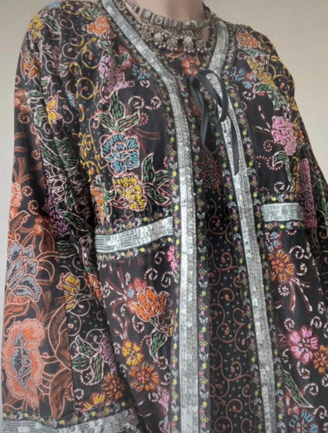 Volledig bezette maxijurk/dress, M/L. Batik boho bohemian, Kleding | Dames, Maat 38/40 (M), Handgemaakt, Gedragen, Onder de knie