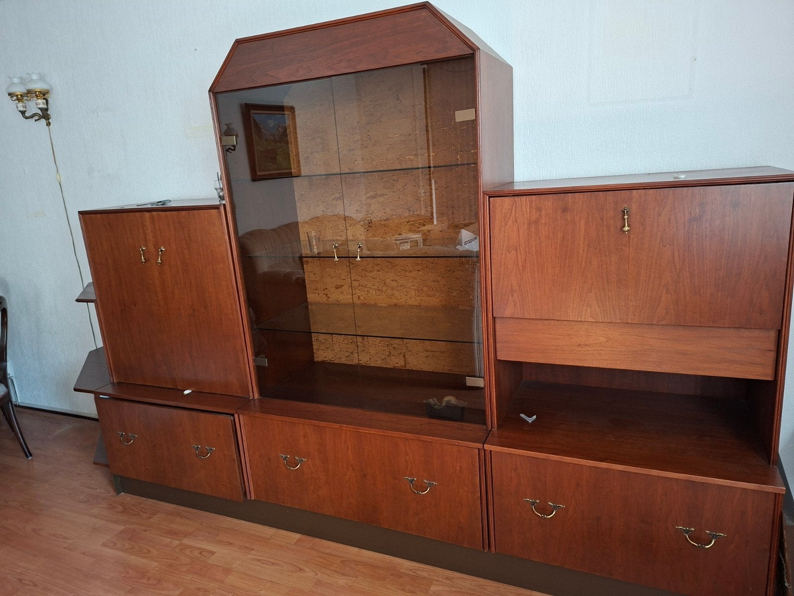 Vintage Houten Woonkamerkast met Vitrine en Opbergruimte, Ophalen, Gebruikt, Glas, 200 cm of meer