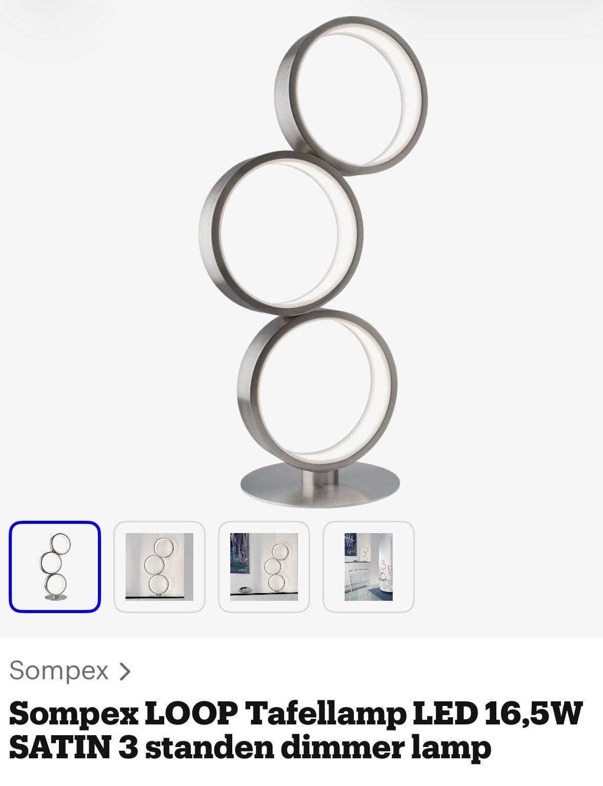 Sompex LOOP Tafellamp LED 16,5W SATIN 3 standen dimmer, Huis en Inrichting, Ophalen, Dimbaar, Zo goed als nieuw, Metaal