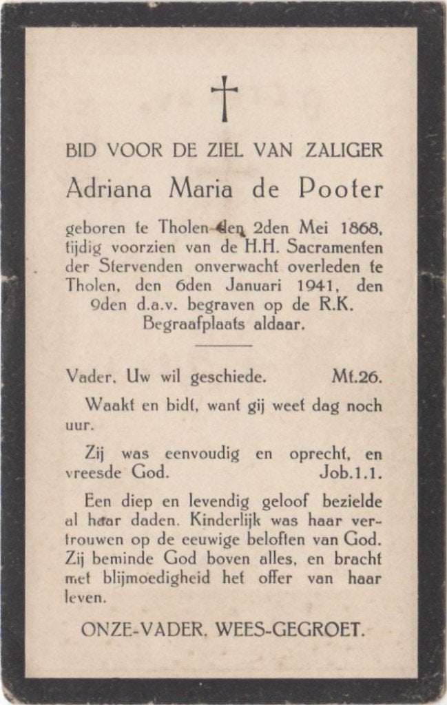 Adriana M. de Pooter 1868 Tholen + 1941 Tholen, 72 jaar oud, Verzenden