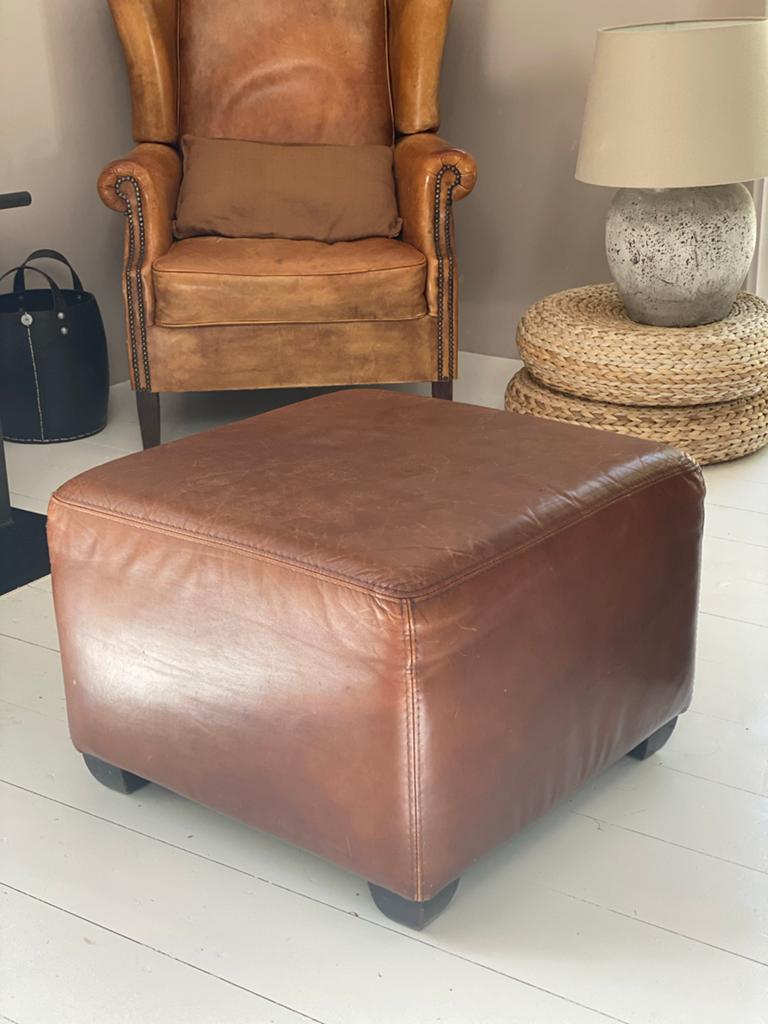 Leren poef / hocker - Bruin leer voetenbankje, Ophalen, Gebruikt, Vierkant, Leer