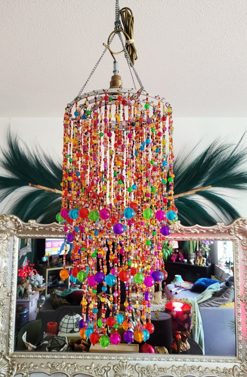 Vintage Bohemian Kralenlamp / Gekleurde Boho Hanglamp Ibiza, Ophalen of Verzenden, Zo goed als nieuw, Kunststof