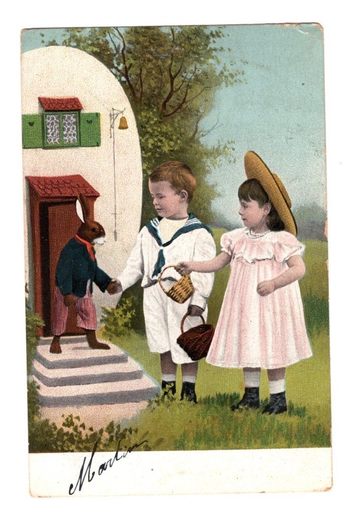 Oude Ansichtkaart Pasen Kinderen bij Paashaas Huisje, Ophalen of Verzenden, Voor 1920, Gelopen, Kinderen