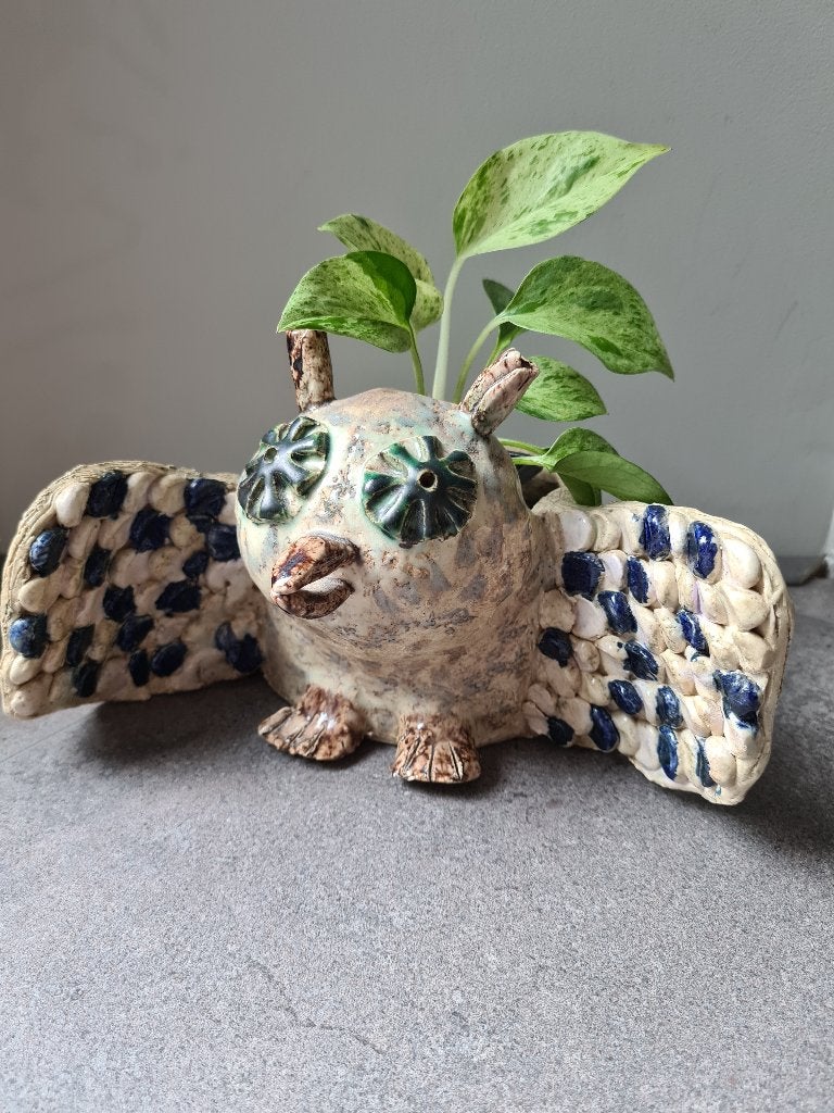 Vintage handgemaakte keramieken uilenbloempot / plantenpot, Rond, Ophalen of Verzenden, Zo goed als nieuw, Balkon