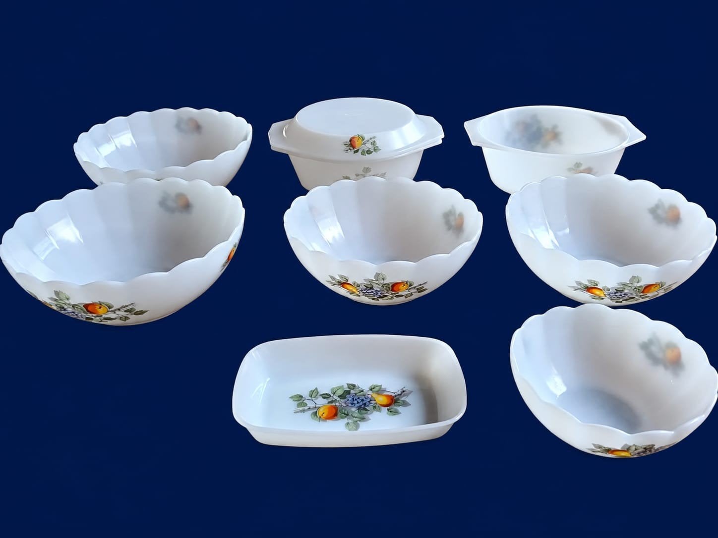 Vintage Acropol France Schalenset - Wit Opaalglas Fruitdecor, Ophalen