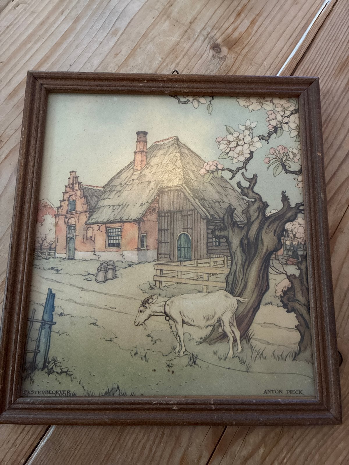Oude prent Anton Pieck - Boerderij met geit, Ophalen of Verzenden, Print, Prent, Gesigneerd