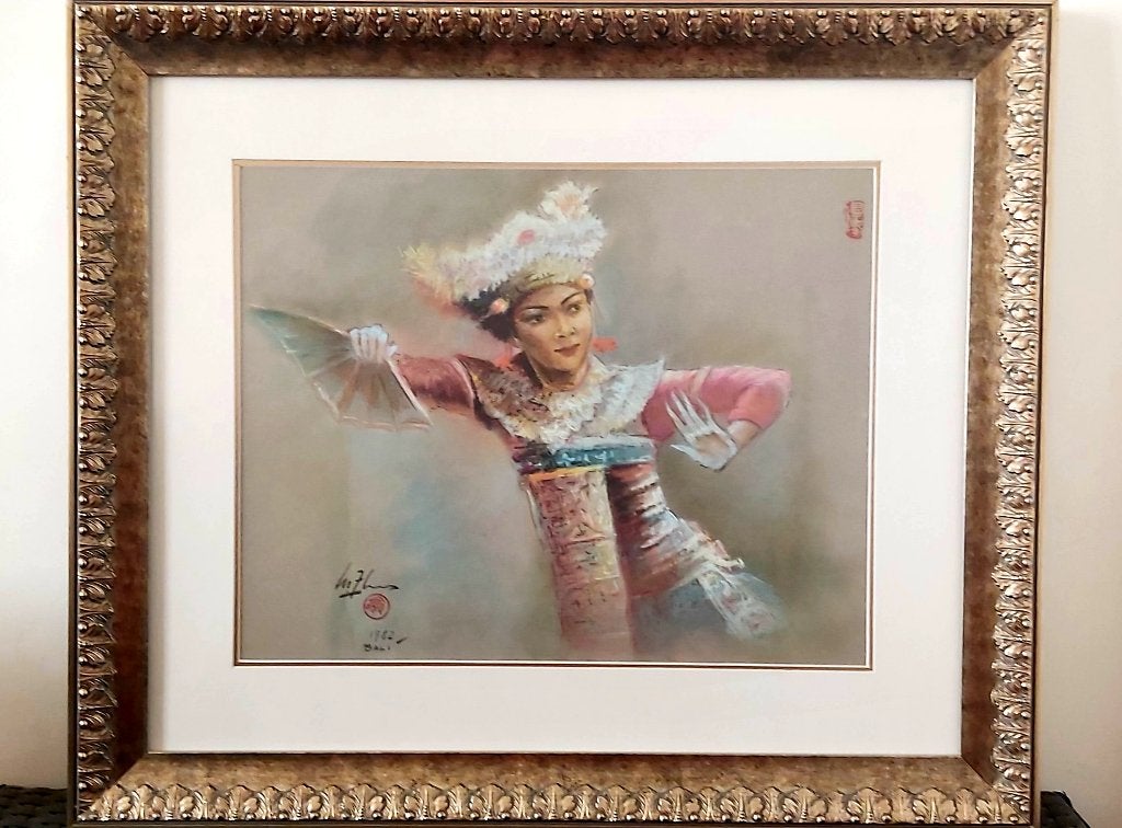 Balinese danseres pastelkrijt schilderij, Ophalen, Overige onderwerpen, Papier, Achter glas