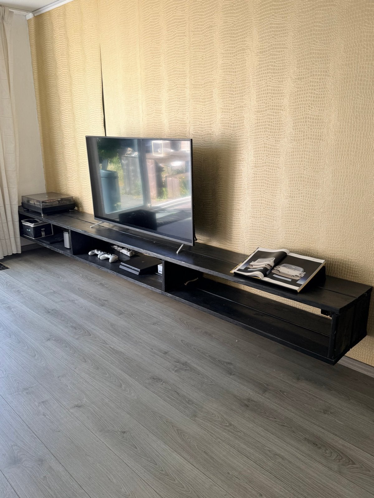 Zwart steigerhout tv meubel - Robuust en stijlvol, Ophalen, Gebruikt, 200 cm of meer, Minder dan 100 cm