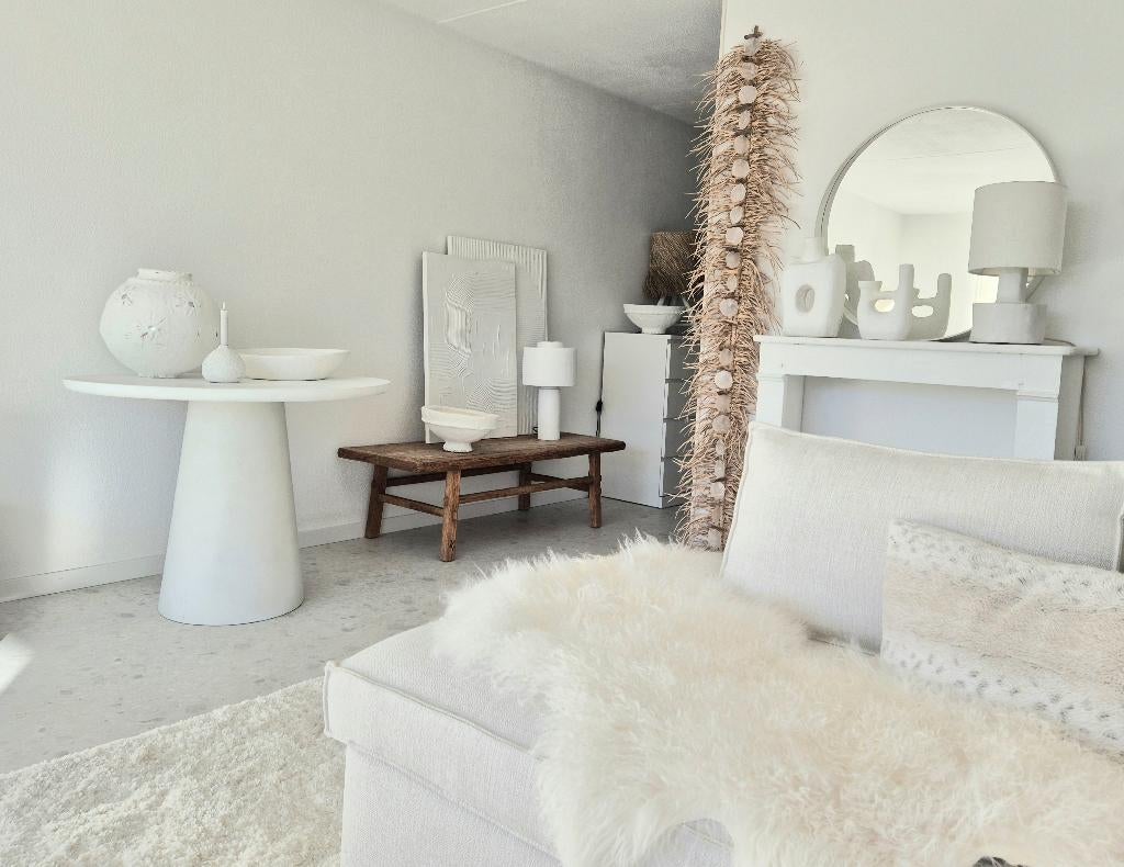 Ronde japandi eettafel kolompoot VT Wonen Loods 5, Ophalen, Japandi organische minimalistisch organisch Ibiza Boho, Rond, Zo goed als nieuw