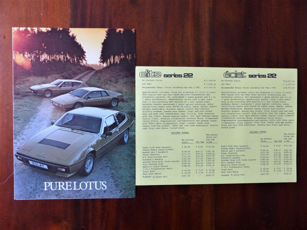 Lotus 2.2  Esprit, Eclat, Elite brochure m. prijslijst 1980, Verzenden, Zo goed als nieuw, Overige merken