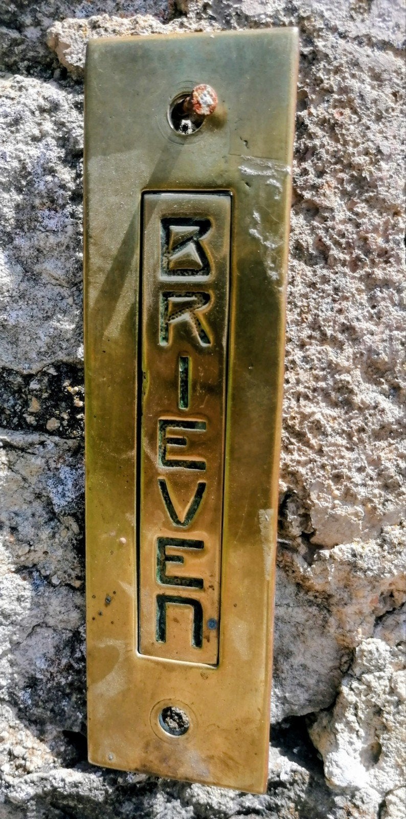 Antieke Messing Brievenbusklep - Buitenmaat 19 x 5,2 cm, Ophalen of Verzenden, Gebruikt
